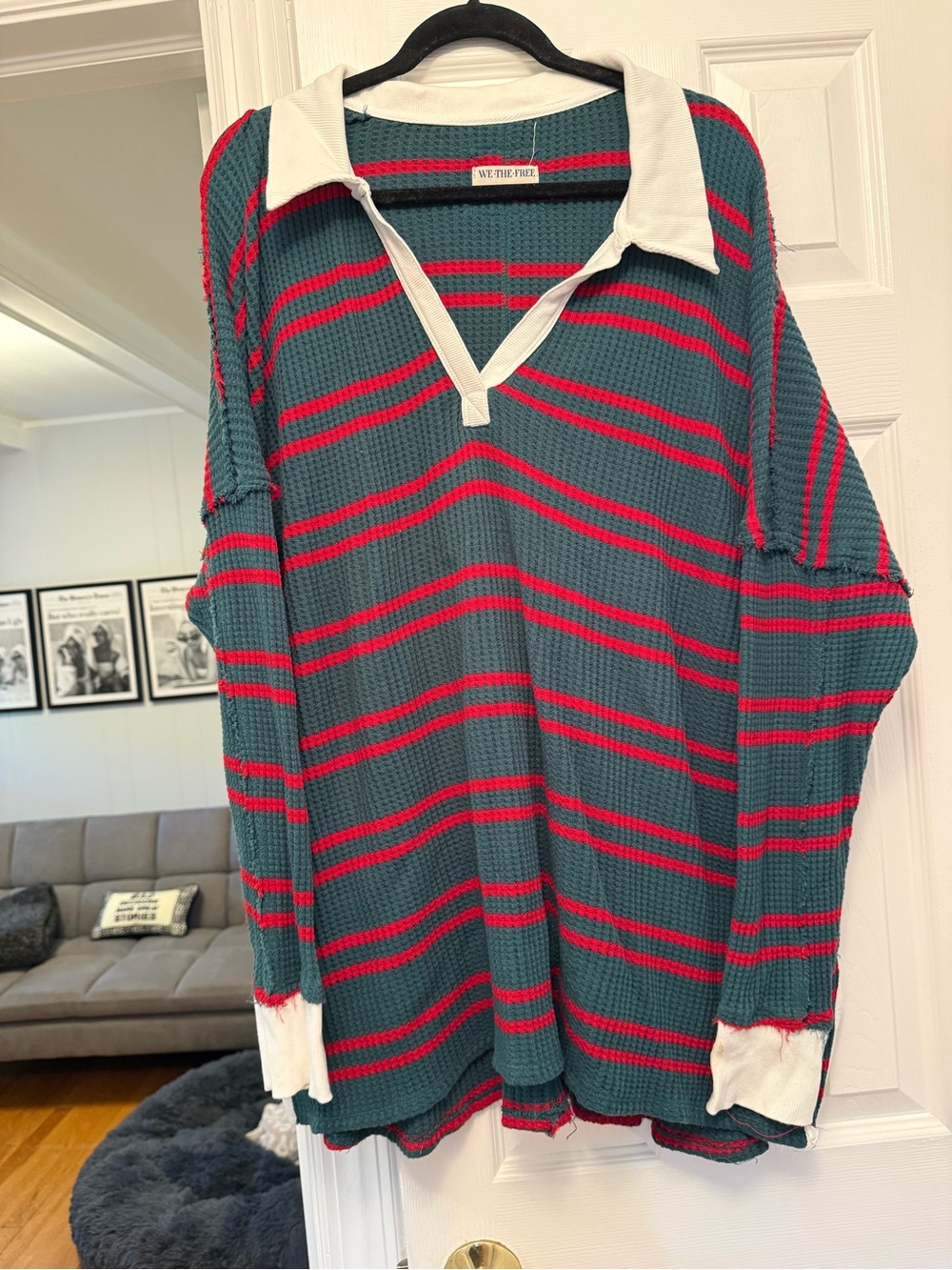 We The Free Green with Red Stripe Waffle-Knit Polo Sweater